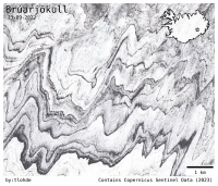 A satellite image from Brúarjökull in Iceland, with squiggly lines in alternating black and white