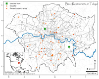 An absurdist map. Titled: Best Restaurants in Tokyo. But showing a mirror imaged version London (UK), with the river Thames running through it. There are two green squares denoted 'you are here'; and the legend entires for 'hospital' and 'firework/party shop' share the same symbol: an orange star. The scale bar is of length 7343.91 m. The North arrow shows that North is up, and that east is to the left. The grid ticks read 'S O N I C' on the y-axis and 'B A D G E R' on the x-axis. The inset map that is supposed to show the extent of the main map is centered on London, Ontario.