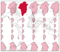 A world map in the Mercator projection with a 6x6 grid of the true size of Greenland overlaid in pale pink, except for one, which is in red where Greenland actually is. Nearer the equator Greenland apperas smaller, highlighting how distorting this projection is