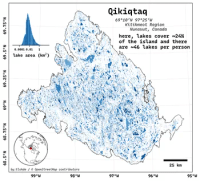 Map titled: 'Qikiqtaq 69°10ʹN 57°25ʹW, Kitikmeot Region, Nunavut, Canada' The island is irregularly shaped, with several larger bays/inlets. The island is covered with many, many lakes. The lakes have been coloured in a variety of blues. In the top left is a small histogram showing the distribution of lake areas, on a logarithmic scale: with mode of 0.01 km^2. In the bottom left is a map showing where Qikiqtaq is in the Canadian Arctic, above the rest of North America and to the west of Greenland. A scale bar in the bottom right corner is 25 km wide, indicating that the whole island is ~200 km across at it's widest point. Some text in upper right reads: 'here, lakes cover ~24% of the island and there are ~46 lakes per person'.