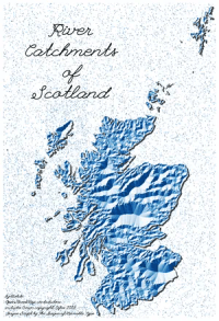 Map titled: 'River Catchments of Scotland'. Distance from catchment boundary is shown as hillshaded topography and coloured using a blue-to-white colourmap. Large catchments, such as the Tweed in the Scottish Borders, Tay in Perth and Kinross, and the Spey all appear as large depressions in the landscape with their catchment boundaries appearing as ridges. The sea is depicted with a random scattering of blue-to-white dots. Credits in the bottom left corner read: 'by:tlohde / OpenStreetMap contributors / includes Crown copyright, Cefas 2023 / League Script by the League of Moveable Type'