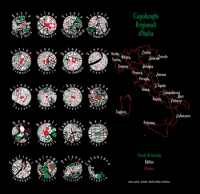 On the left-hand side is a 4 x 5 grid of circular maps showing the city centres of each of the twenty regional capitals of Italy. Only polygons of parks and gardens (green), buildings (white) and piazzas (red) are shown. Above each circle is the city title, with the region name below. On the right-hand side is a map of Italy, showing the regions (in red) and the regional capitals are labelled in green. The whole figure has a black background.