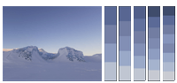 photo of an iceberg in a frozen lake. both lake and iceberg have snow cover. the sky is clear blue. to the right are 5 colour colormaps using with 4 - 8 representative colours from the image