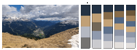 view from a steep sided mountain looking down towards a valley. there is a small town in the valley. to the right are 5 colour colormaps using with 4 - 8 representative colours from the image