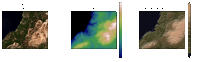 three maps: satellite, DEM, filled contours with colours from satellite
