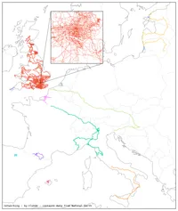 map of europe, with different coloured clusters of paths traced. The UK is largely covered, and there are a few longer lines in mainland europe